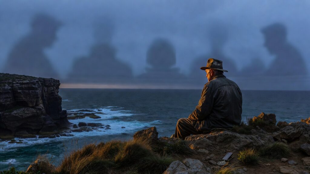 Australian veteran on coastal cliff at dusk symbolising moral injury and PTSD struggles, with medal and shadows evoking inner conflict.