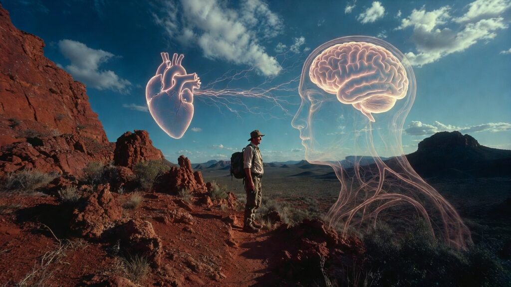 Hiker on Australian trail symbolising PTSD-heart disease link, with neural-heart overlay for resilience and health integration.
