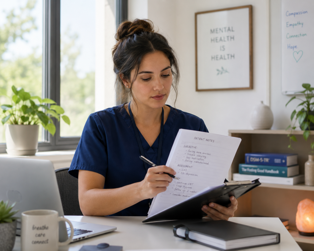 Healthcare professional reviewing medical records in clinical setting, representing improved trauma identification in mental health care