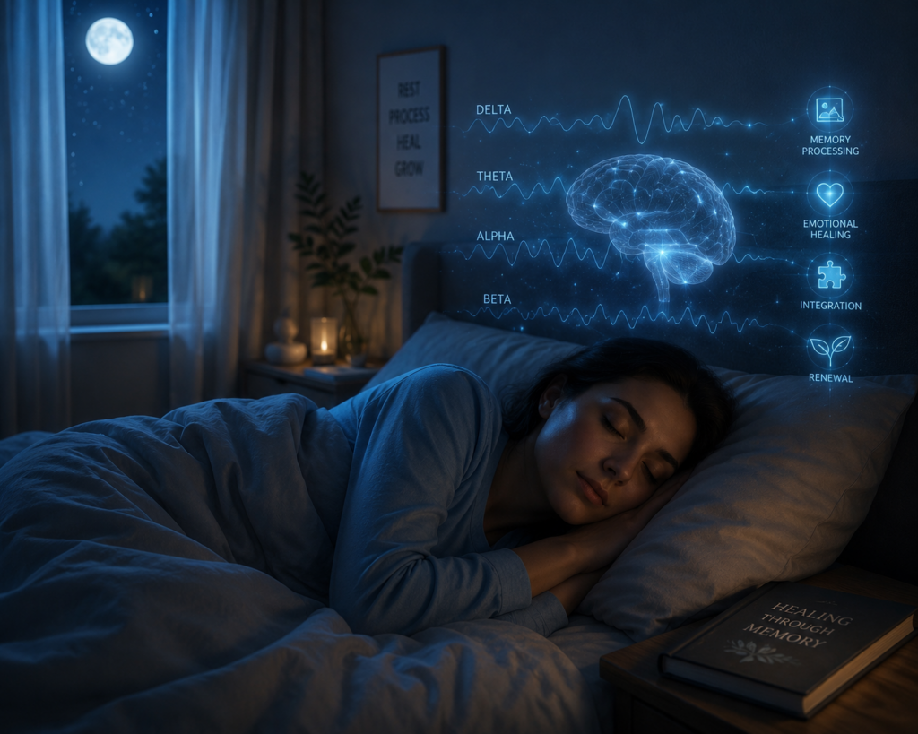 Illustration of peaceful sleep with brain wave patterns, representing memory consolidation and trauma recovery during sleep cycles.