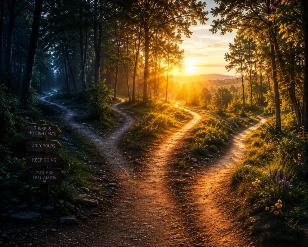 Multiple diverging forest paths at sunrise, representing varied trauma recovery trajectories and different outcomes for PTSD survivors.