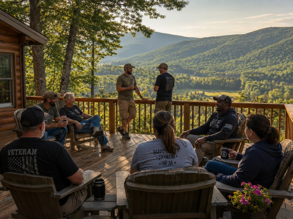 Mountain retreat with veterans and supporters in conversation, natural landscape setting, community gathering space symbolising peer support and trauma recovery.